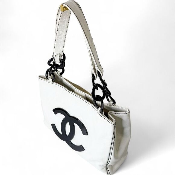 Rare Vintage CHANEL Black and White CC Logo Chain Dual Top Handle Tote - Picture 5 of 16